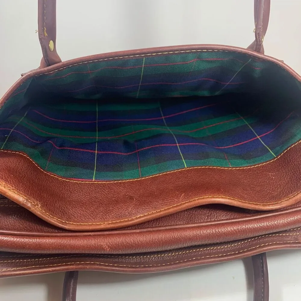 Vintage Orvis Brown Pebbled Leather Briefcase Messenger Laptop Bag Plaid Lining